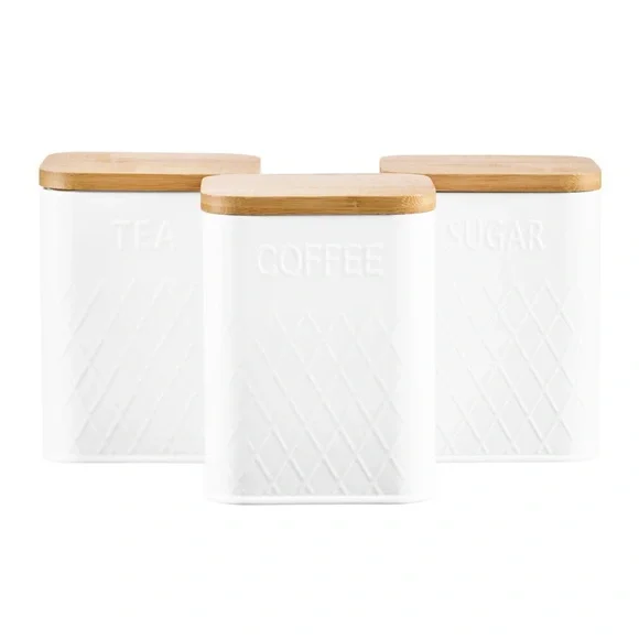 White Gold specales Kitchen Canister with Bamboo Lid - Tea Coffee Sugar - Picture 3 of 14